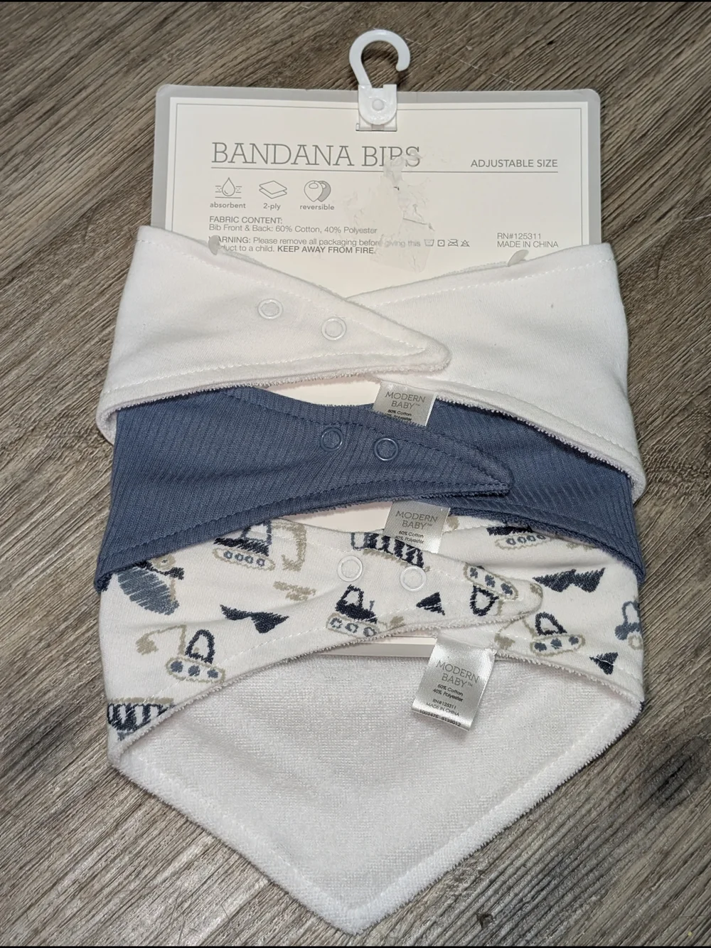 Little Trucker 3-Pack Bandana Bibs White & Blue Construction
